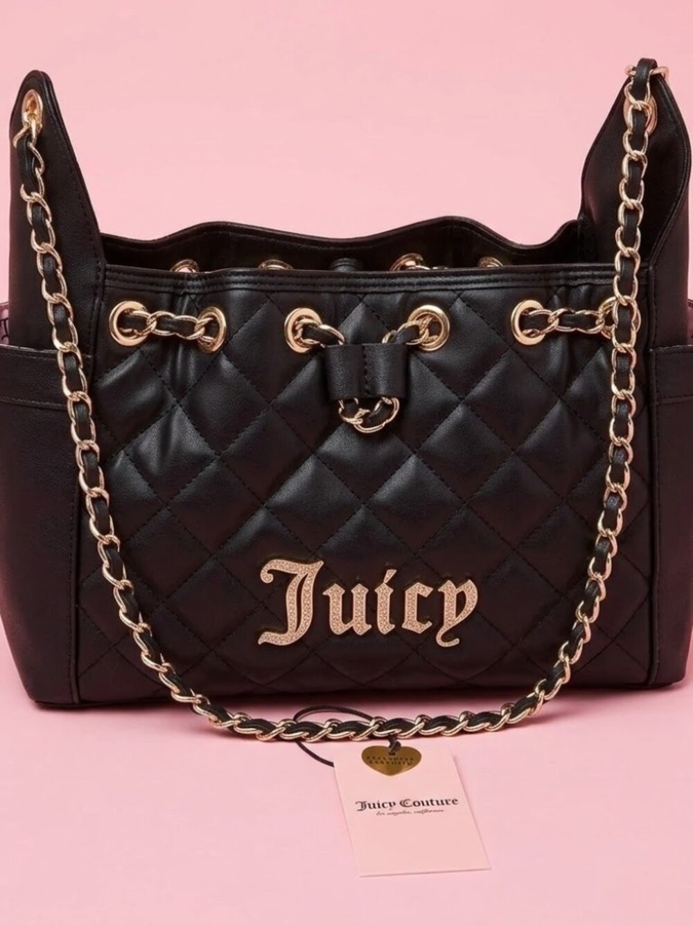 NWT Juicy Couture Black and Gold Bling Diamond-Quilted Bag